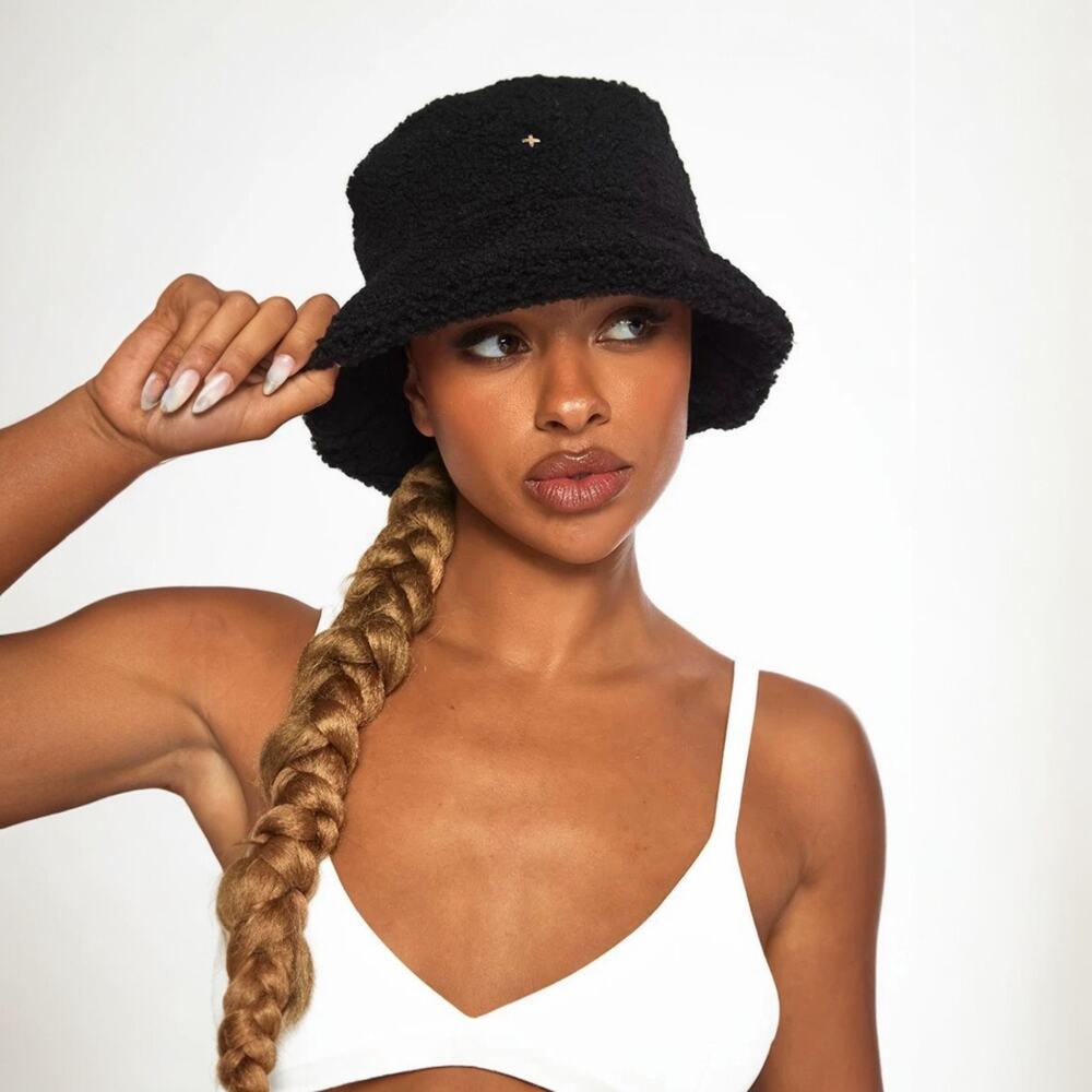 Peta + Jain Fuzzy Teddy Bucket Packable Beach Sun Hat in Black with Gold Logo